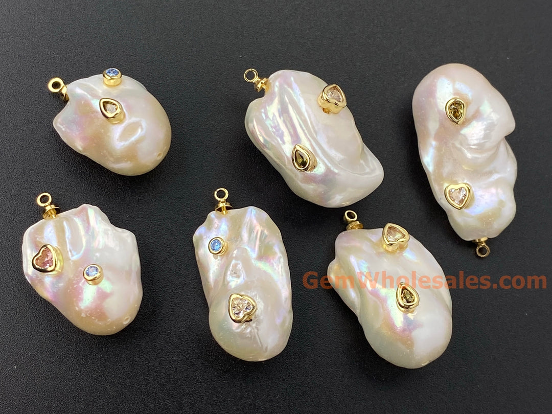 14x22mm white baroque pearl nugget beads pendant, 2 inlaid zirconia, 1PC