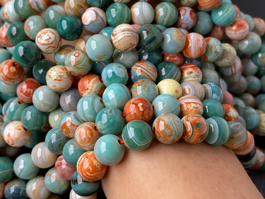 15" 10mm Green orange fire agate round semi precious stone beads