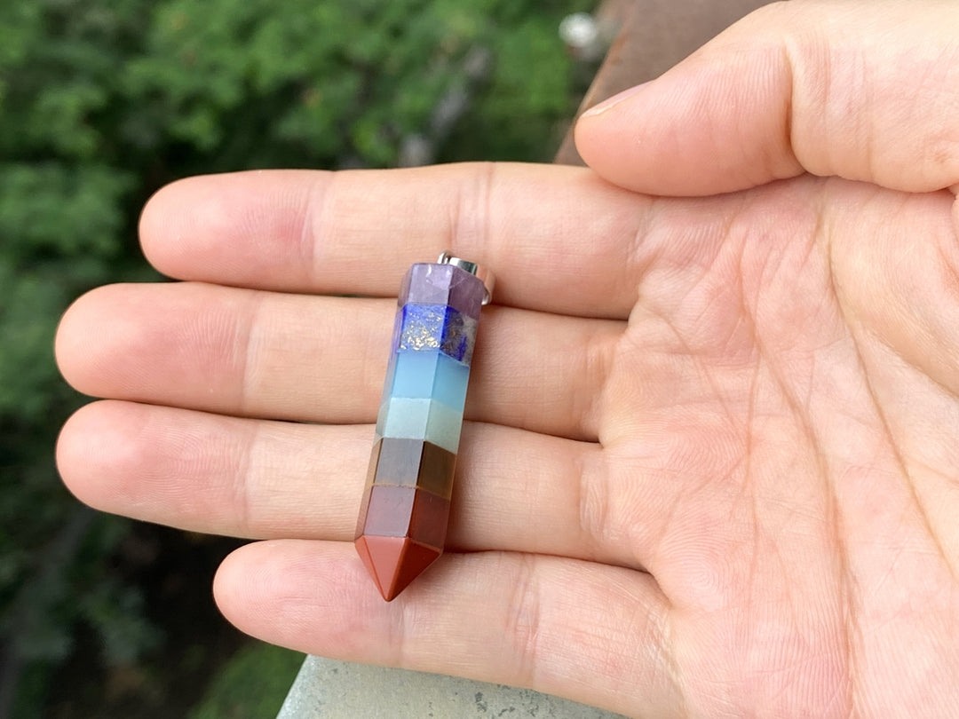 45x11mm 7 Stone hexagon post pendant, Chakra Multi Layered Point