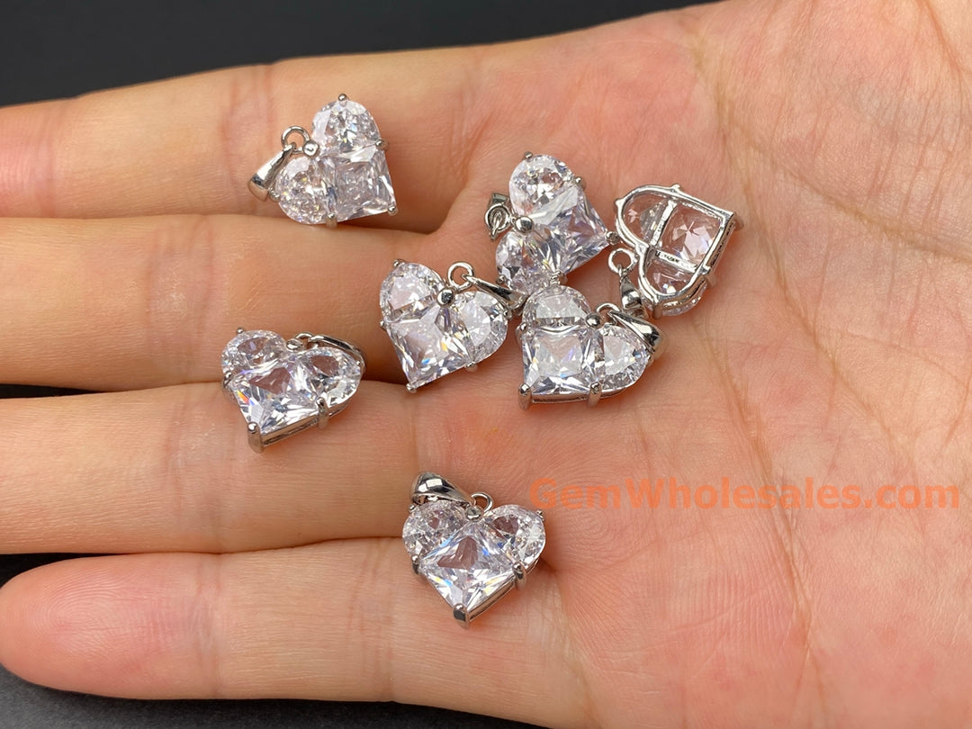 2PCS 14mm clear CZ heart, silver plated brass heart charms pendant