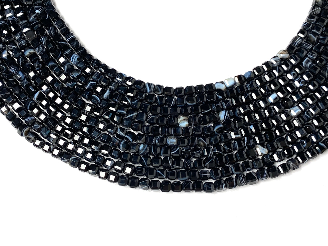 15" 4mm Black stripe agate magic cube faceted beads