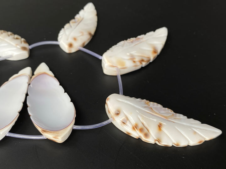 15" 20x45~60mm Natural white shell carving leaf,12pcs on each strand