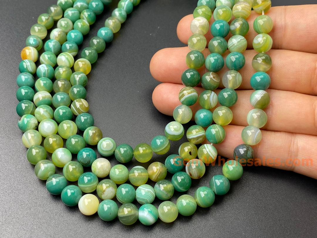 15" 8mm Mix Green stripe agate round semi precious stone beads