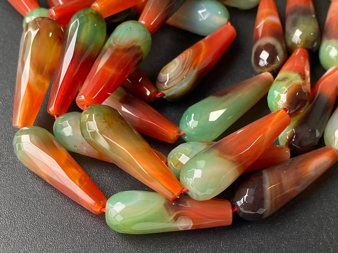 10x30mm Green red stripe agate faceted teardrop beads, 15.5"