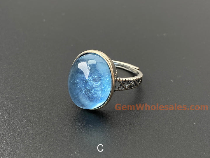 925 sterling silver rings with oval Natural aquamarine cabochon stone