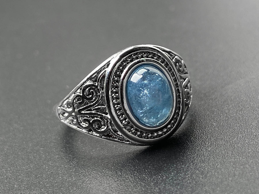 6x8mm natural Oval Aquamarine stone Ring, ajustable brass ring