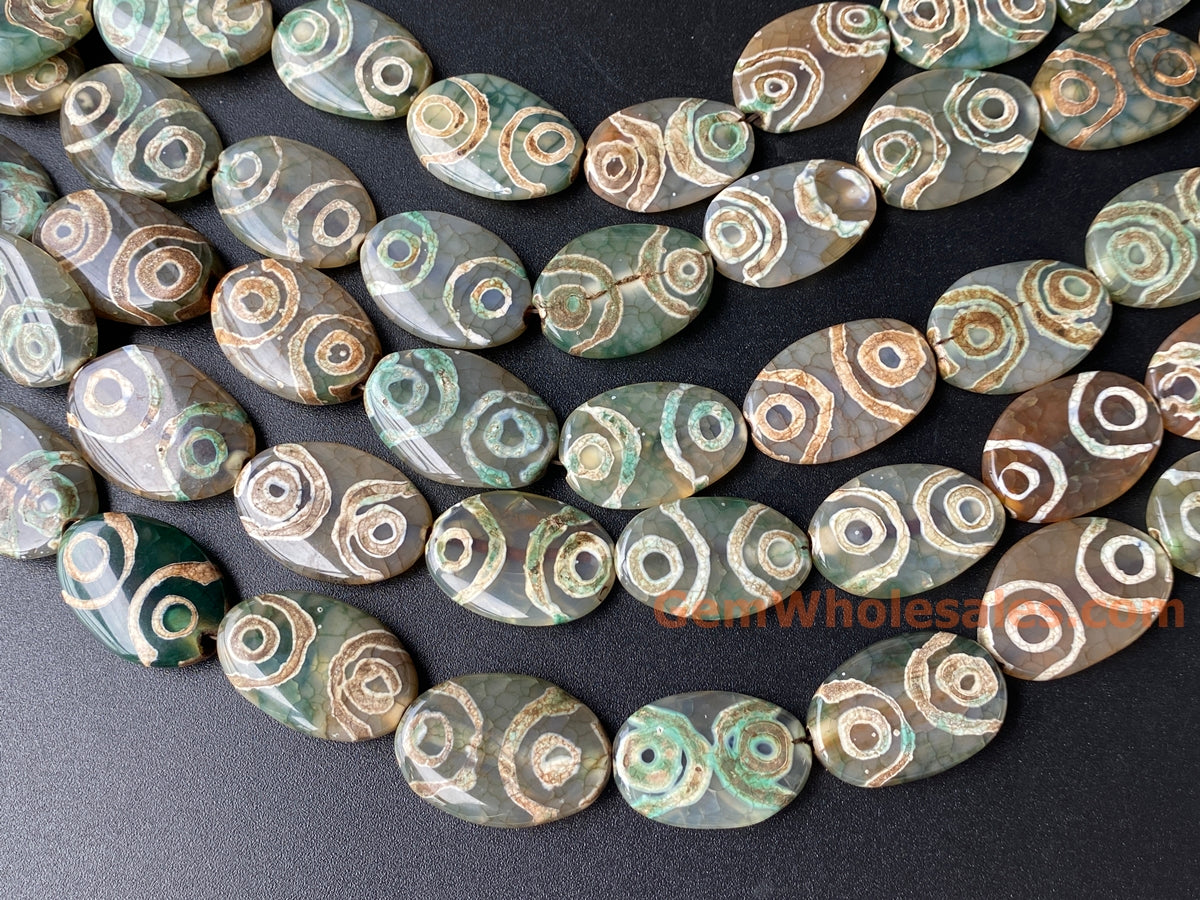 14" 20x30mm Antique green Tibetan Dzi agate oval beads