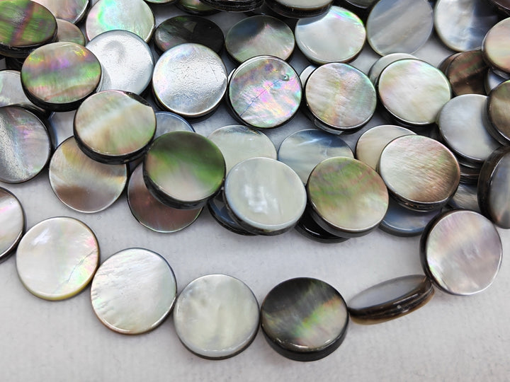 Natural black mother of pearl MOP 15mm coin beads, 15.5"