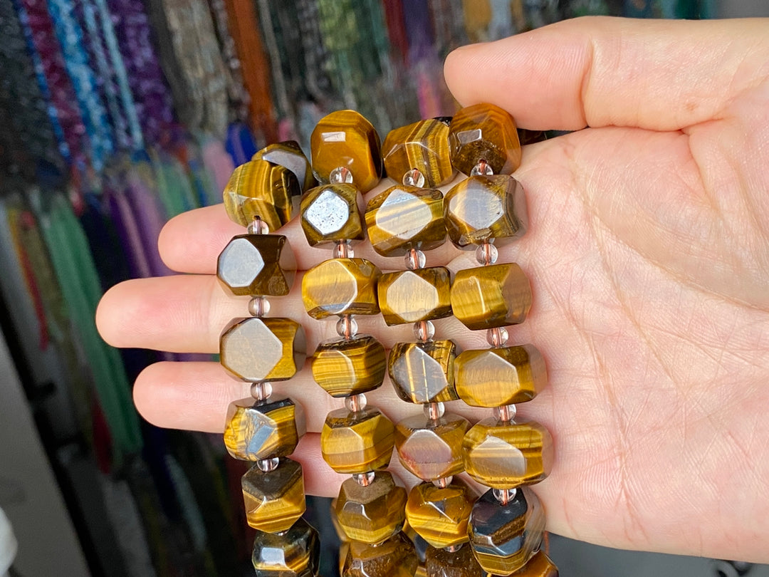 15" Natural yellow tiger eye 14~16mm faceted nugget beads