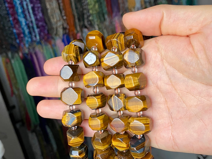 15" Natural yellow tiger eye 14~16mm faceted nugget beads