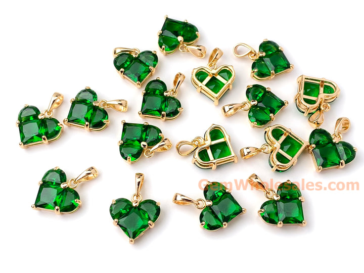 2PCS 14mm Green CZ heart, Gold Plated brass heart charms pendant