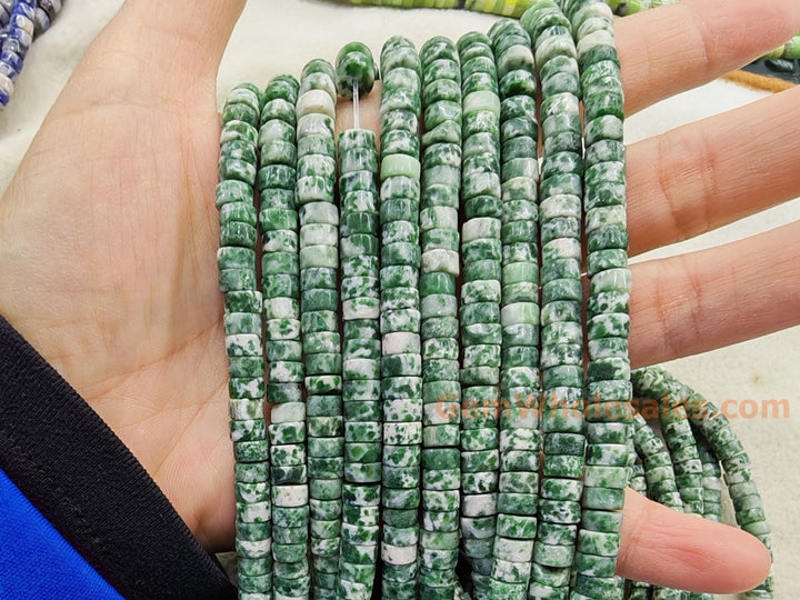 15.5" 3x6mm Natural green spot jasper heishi beads for jewelry making