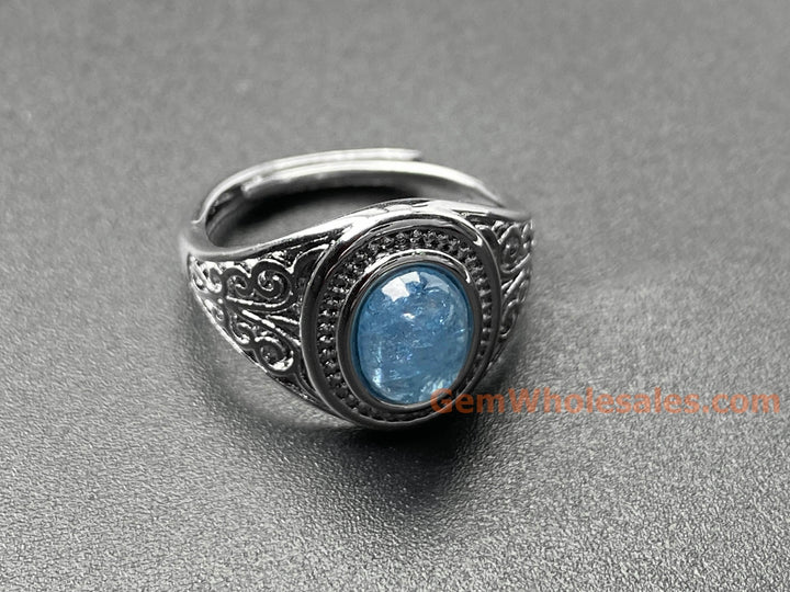 6x8mm natural Oval Aquamarine stone Ring, ajustable brass ring
