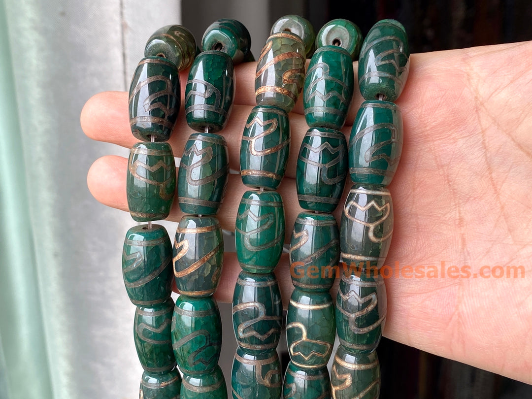 12PCS 15x22mm Antique green Bulk tibetan Dzi agate barrel drum beads Lotus