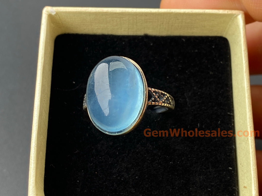 925 sterling silver rings with oval Natural aquamarine cabochon stone