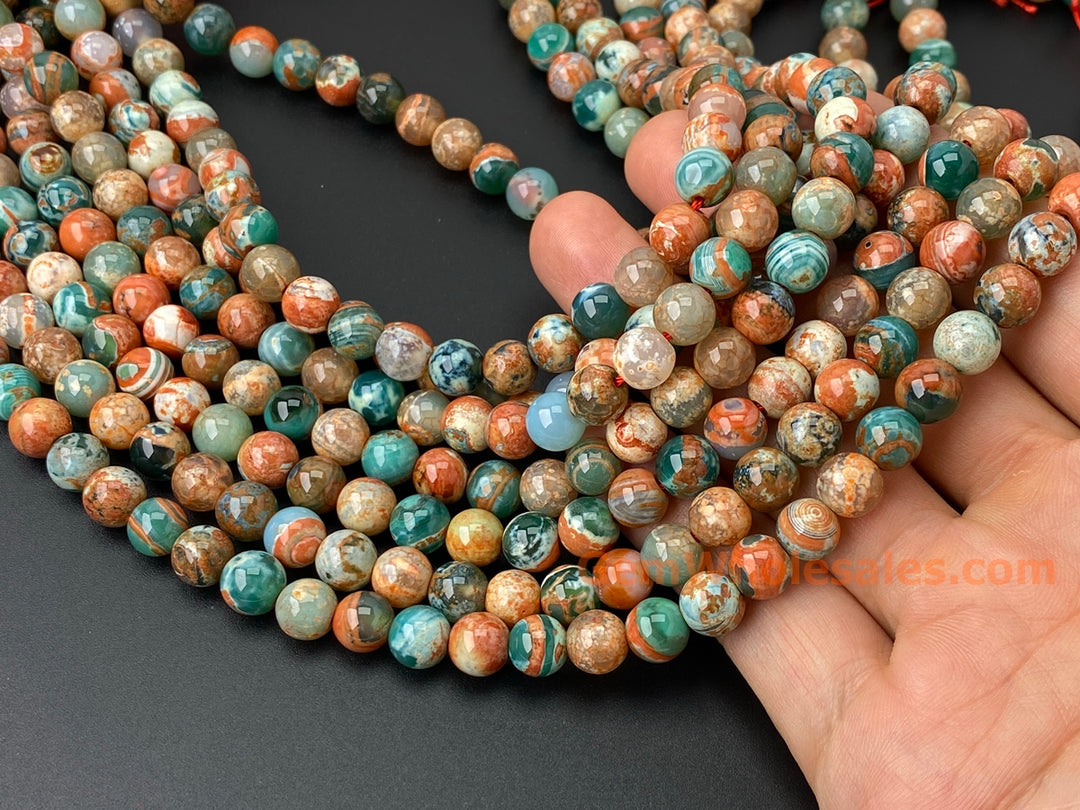 Perles rondes en pierre semi-précieuse d'agate de feu verte orange de 15 pouces et 8 mm