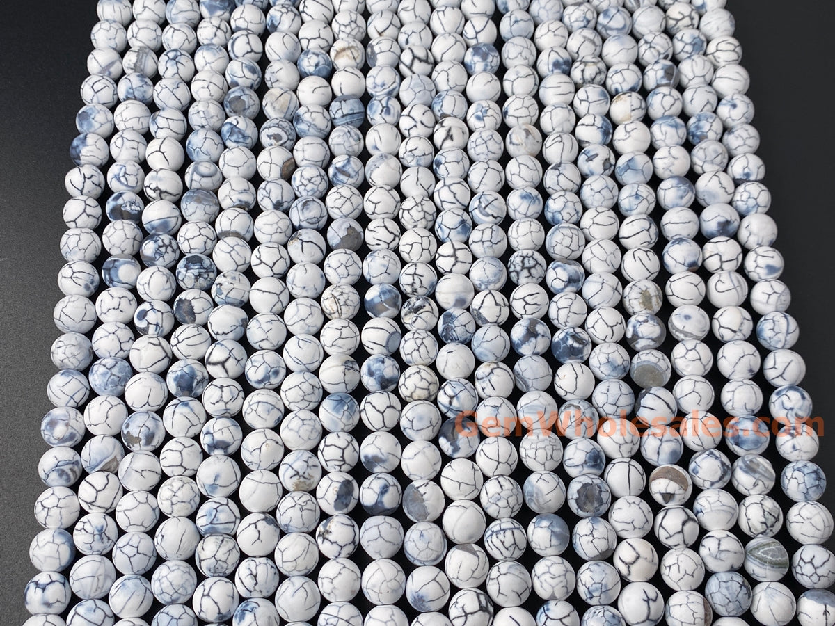 15" 10mm frosted white dream fire dragon veins Agate Round beads