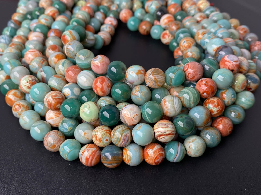 15" 10mm Green orange fire agate round semi precious stone beads