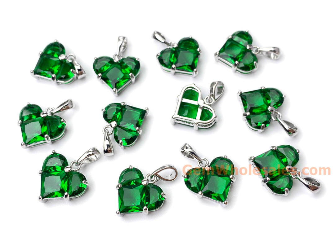 2PCS 14mm Green CZ heart, Silver Color Plated brass heart charms pendant