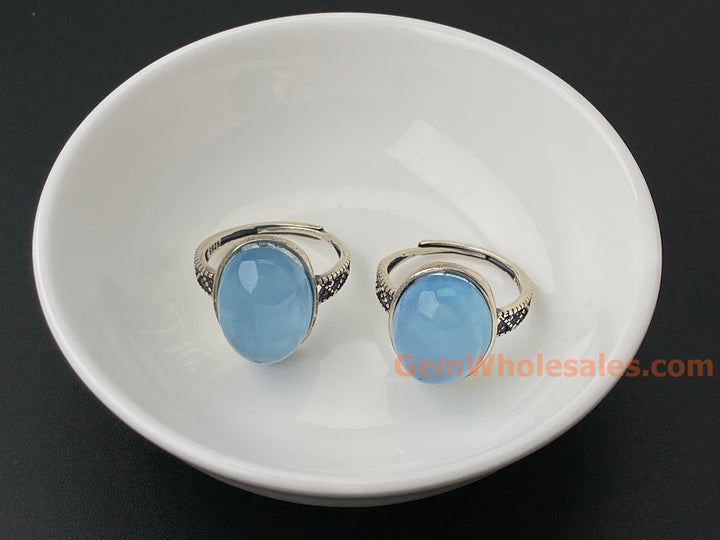 925 sterling silver rings with oval Natural aquamarine cabochon stone