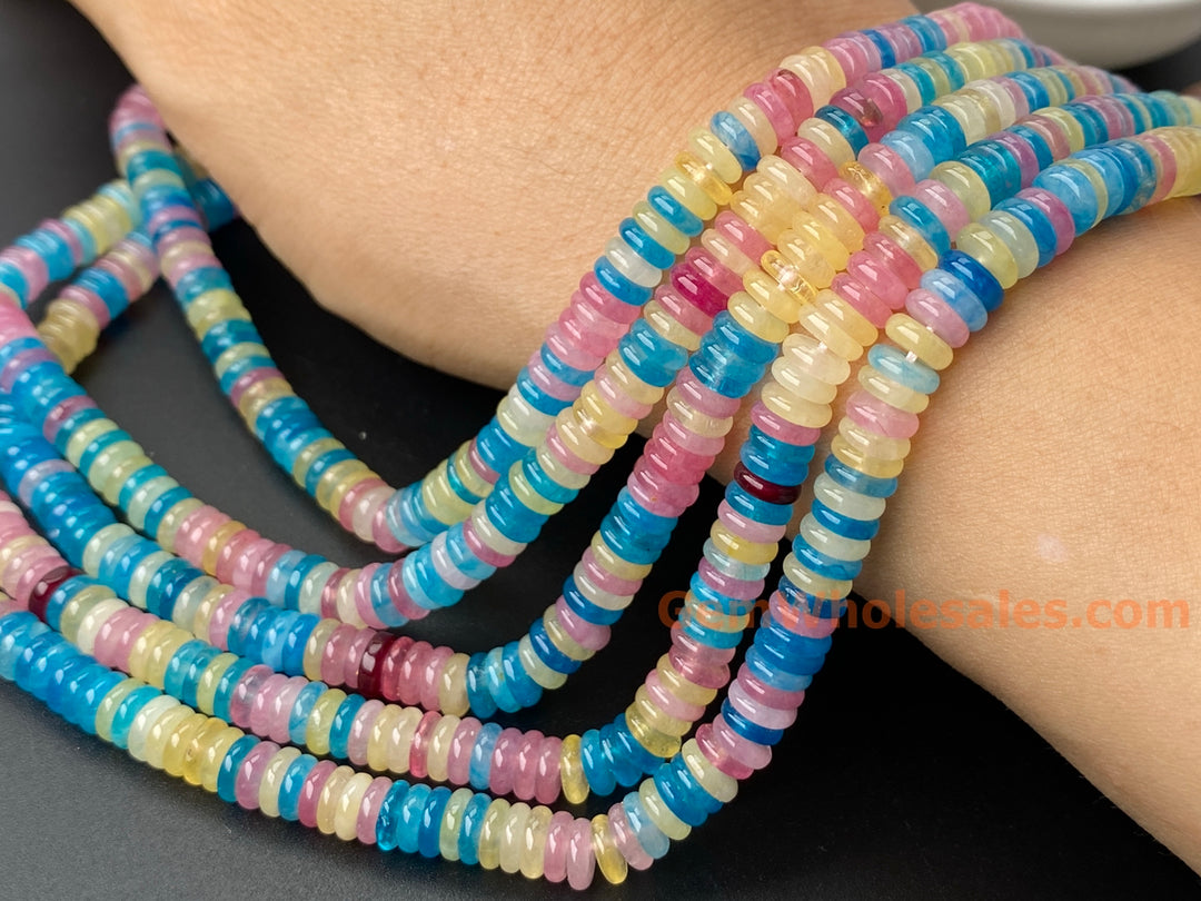 2x6mm Pink blue Yellow multi color jade Heishi beads, 15"
