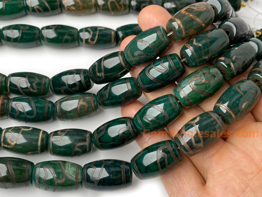 Lot de 12 perles tambour en agate dzi tibétaine verte antique de 15 x 22 mm, en vrac, de style lotus