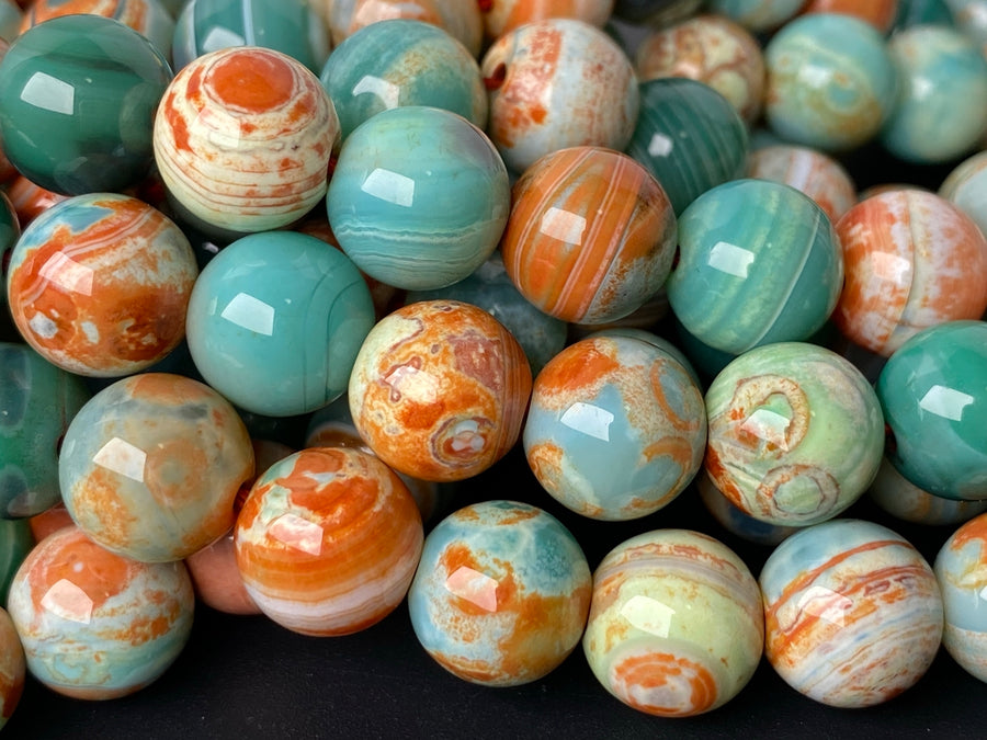 15" 10mm Green orange fire agate round semi precious stone beads