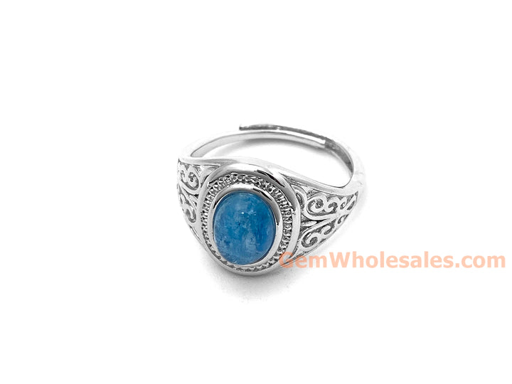 6x8mm natural Oval Aquamarine stone Ring, ajustable brass ring