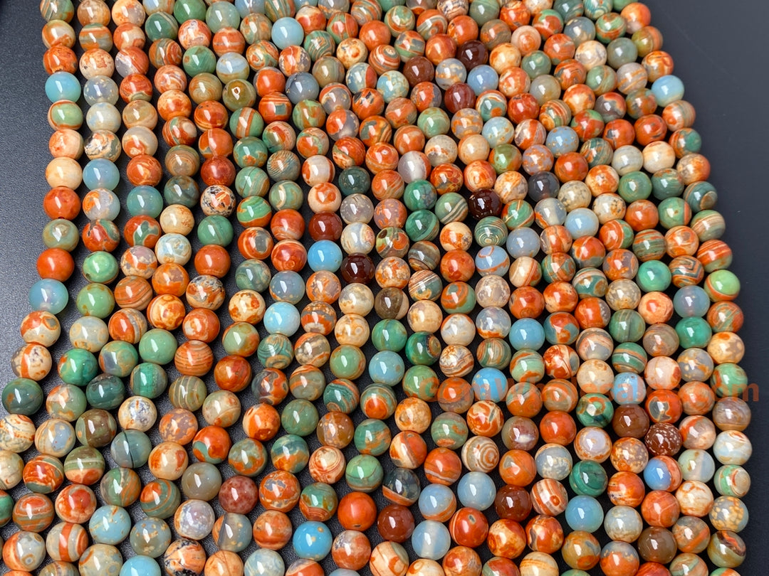 15" 8mm orange Green fire agate round semi precious stone beads