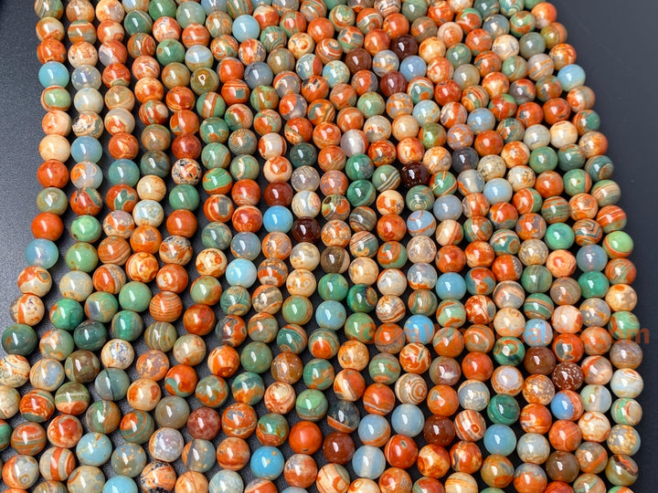 15" 8mm orange Green fire agate round semi precious stone beads