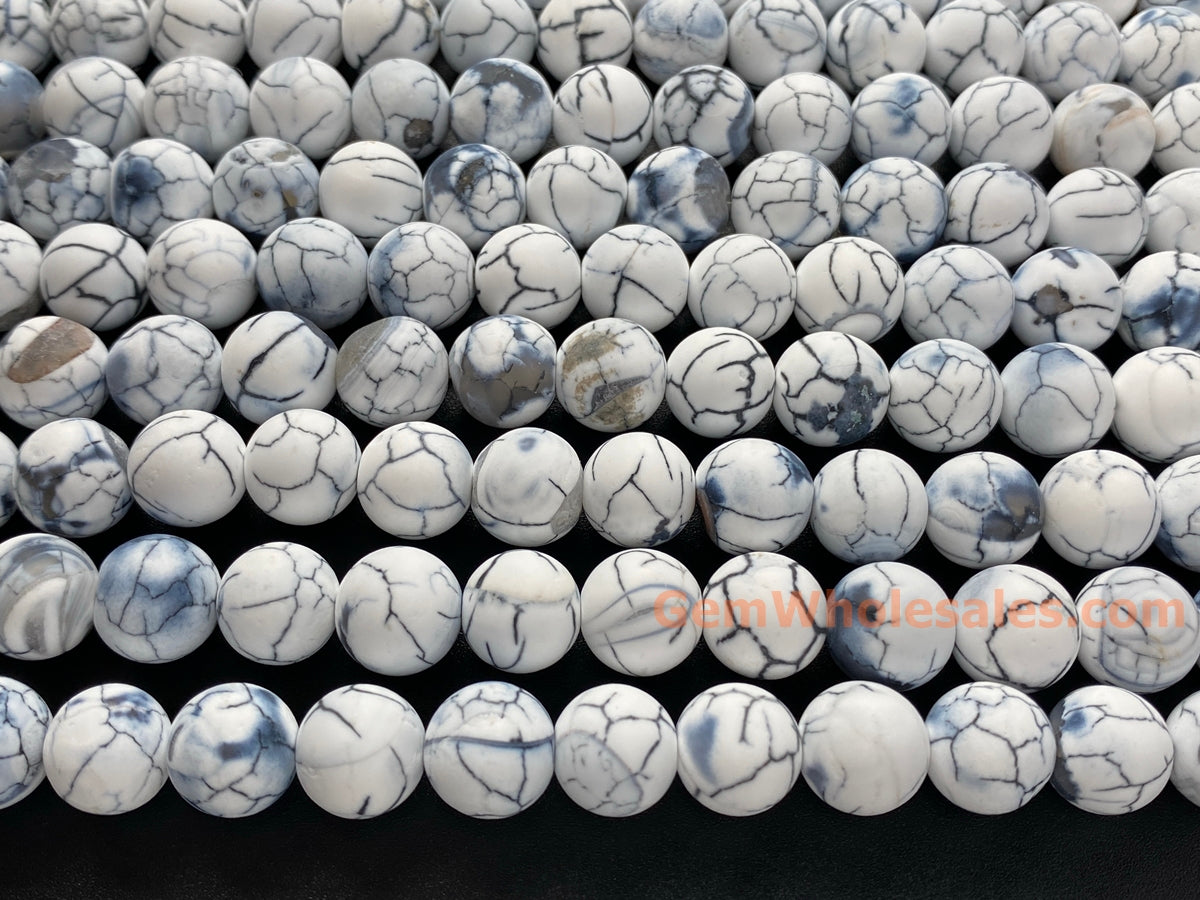 15" 10mm frosted white dream fire dragon veins Agate Round beads