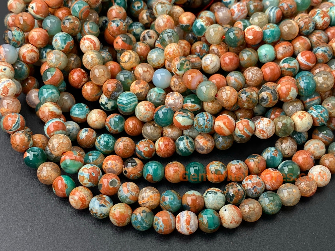 Perles rondes en pierre semi-précieuse d'agate de feu verte orange de 15 pouces et 8 mm