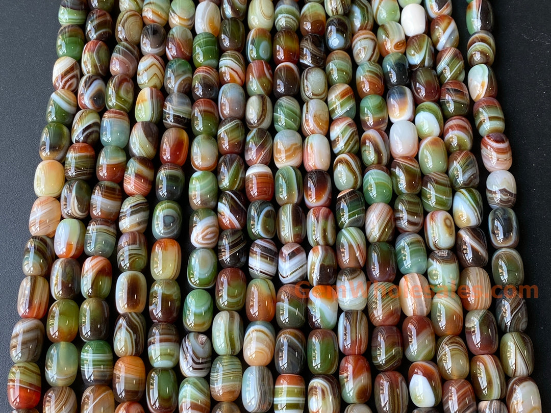 10x14mm Red Green banded Agate barrel beads, 15"
