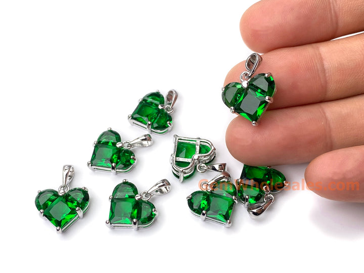 2PCS 14mm Green CZ heart, Silver Color Plated brass heart charms pendant