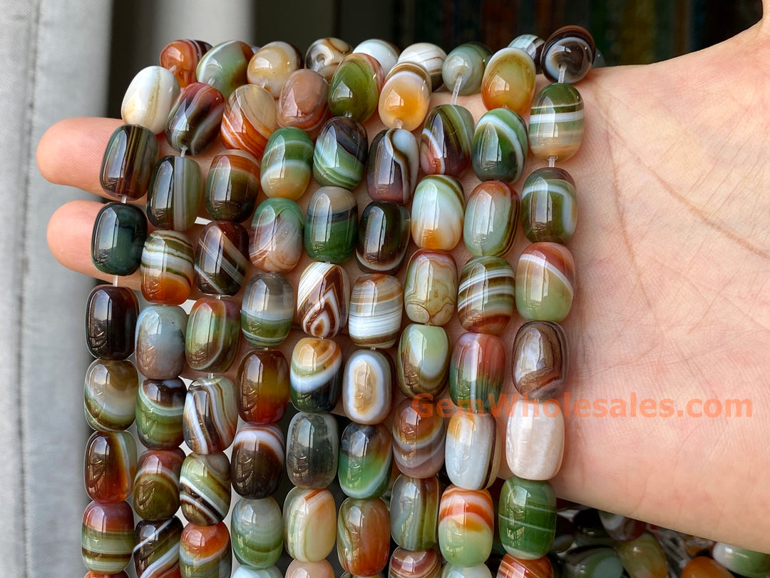 10x14mm Red Green banded Agate barrel beads, 15"