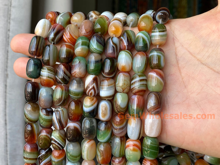 10x14mm Red Green banded Agate barrel beads, 15"