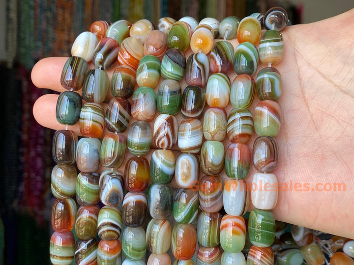 10x14mm Red Green banded Agate barrel beads, 15"