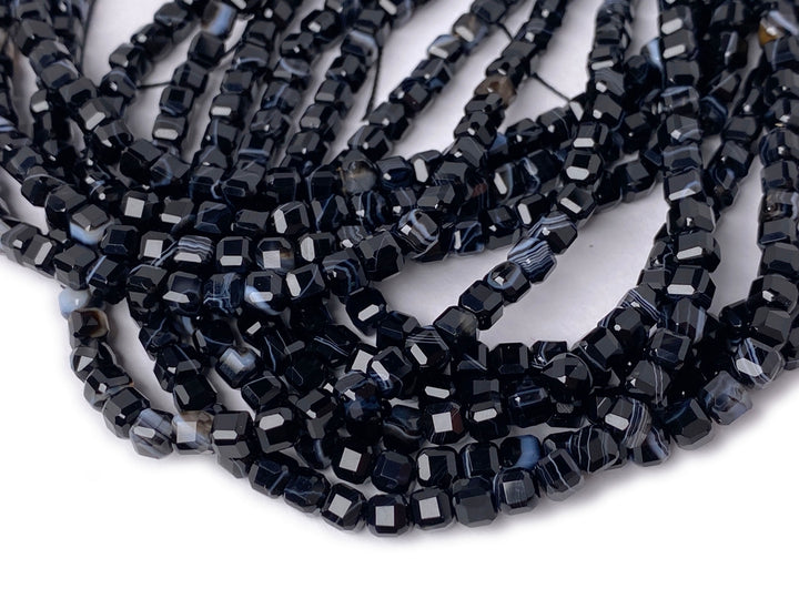 15" 4mm Black stripe agate magic cube faceted beads