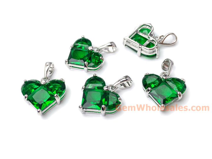 2PCS 14mm Green CZ heart, Silver Color Plated brass heart charms pendant