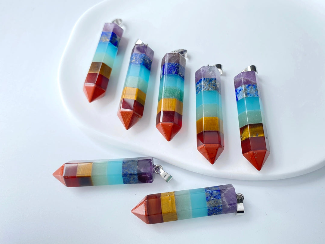 45x11mm 7 Stone hexagon post pendant, Chakra Multi Layered Point