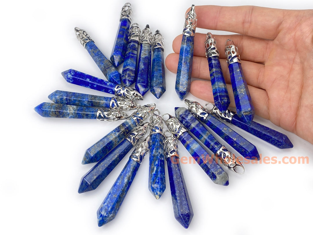 1PC 10x65mm natural lapis lazuli Crystal Point Pendant, Hexagonal Wand