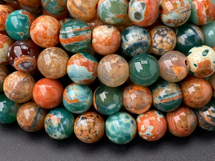 Perles rondes en pierre semi-précieuse d'agate de feu verte orange de 15 pouces et 8 mm