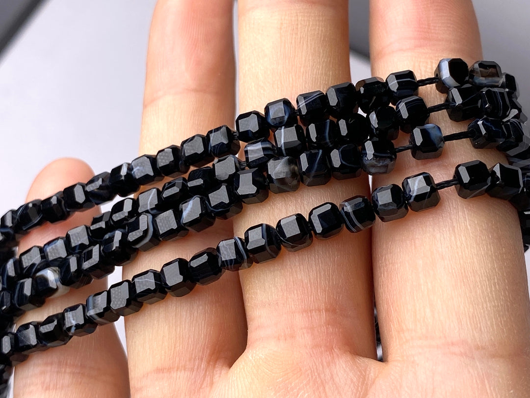 15" 4mm Black stripe agate magic cube faceted beads