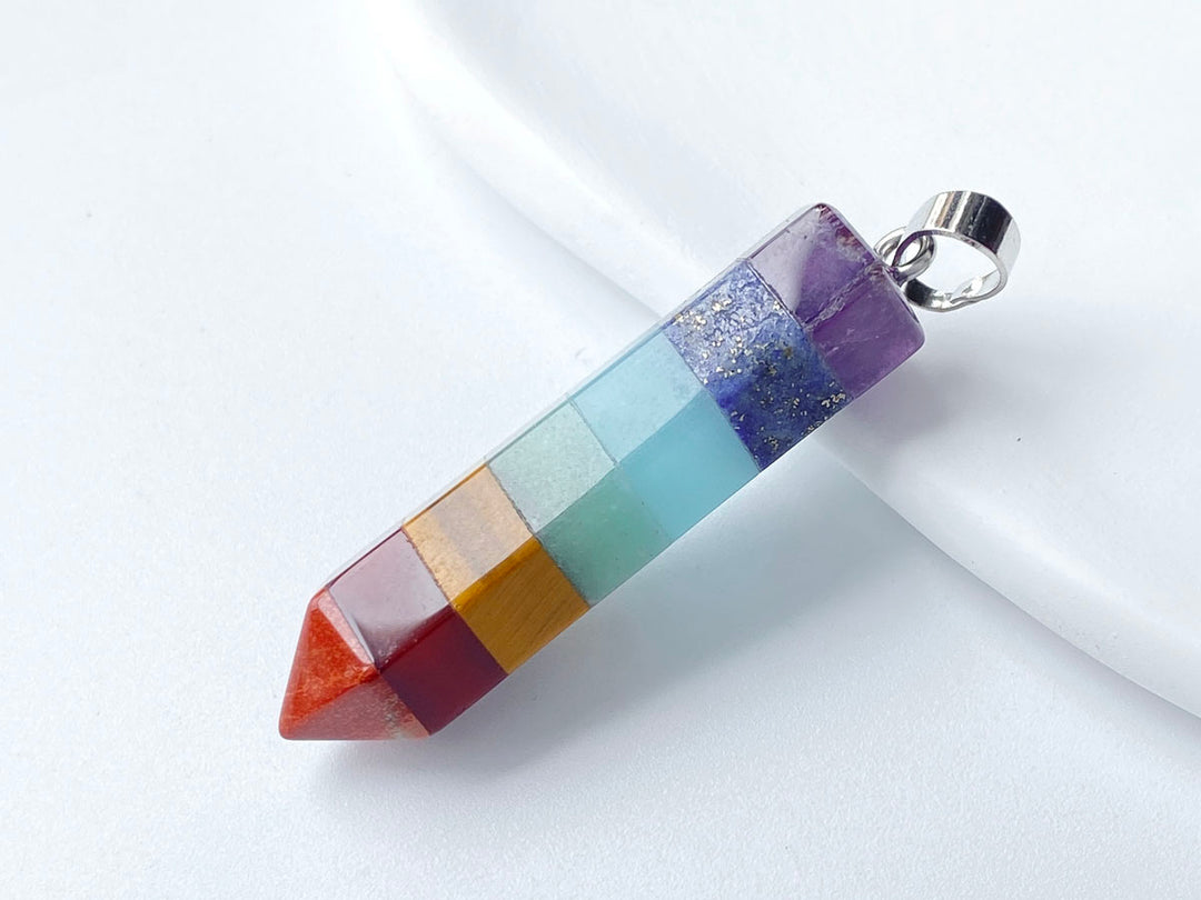 45x11mm 7 Stone hexagon post pendant, Chakra Multi Layered Point