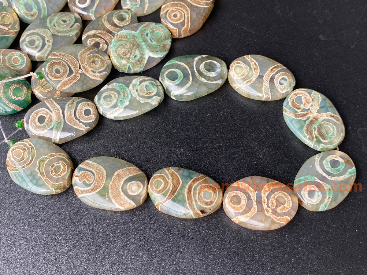 14" 20x30mm Antique green Tibetan Dzi agate oval beads