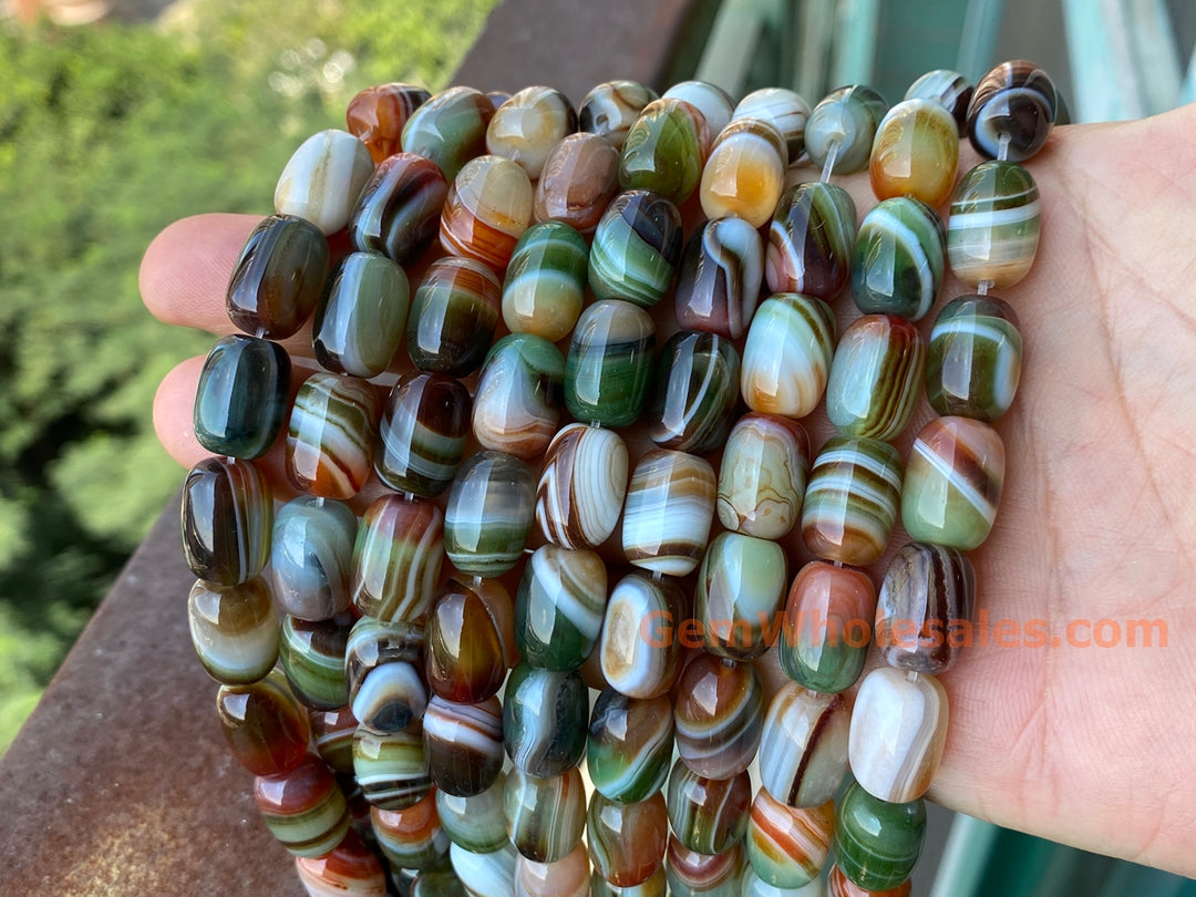 10x14mm Red Green banded Agate barrel beads, 15"