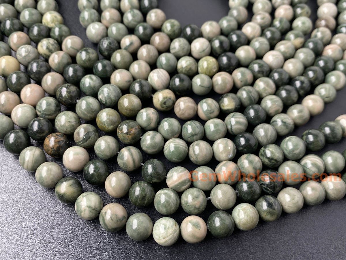 15” 8mm Natural Chinese green Zebra jasper stone round beads