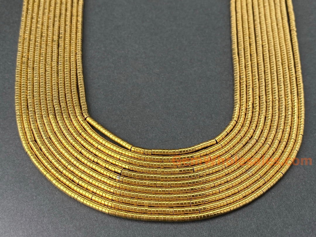 15.5" 1x2mm gold Hematite stone tiny tube Heishi beads