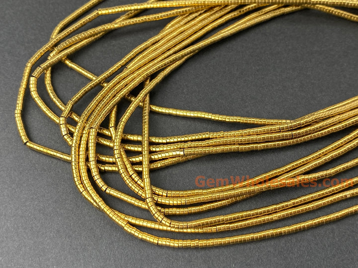 15.5" 1x2mm gold Hematite stone tiny tube Heishi beads