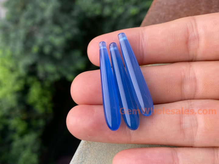 1Pair 6x35mm blue agate/onyx teardrop beads, side hole drilled